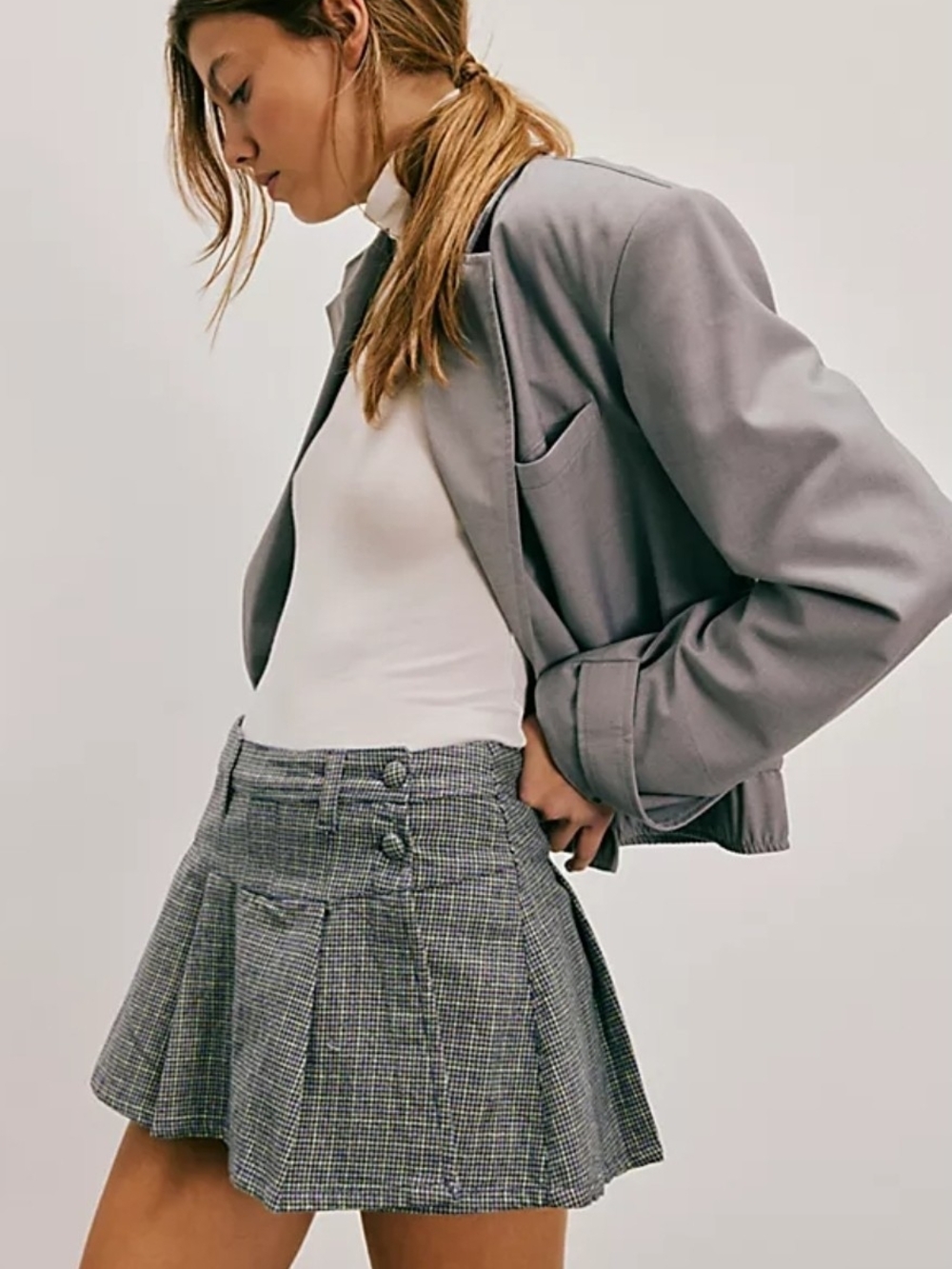 Free People Gray Plaid Pleated Mini Skirt